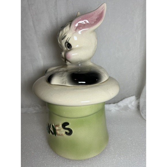 VINTAGE 1950'S RABBIT IN HAT - BISQUE USA. 12" COOKIE JAR - Picture 6 of 12